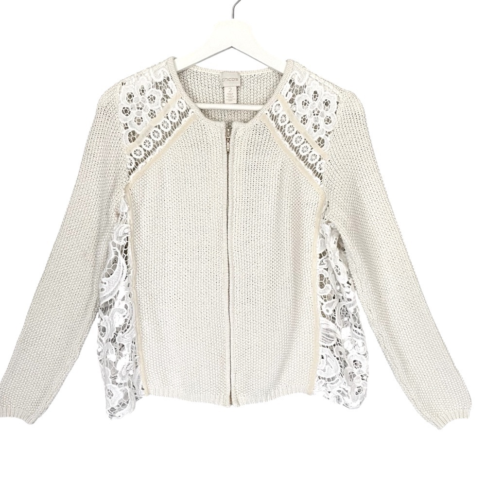 CHICO’S Sweater Lainey Lace Inlays Zipper Long Sleeve Cream Ivory Women 2 L 12